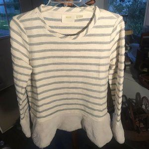 Maeve Anthropologie Top Sweater XS Striped Blue While Faux Fur Trim Cotton Blend